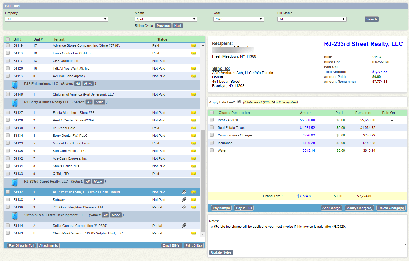 Tenant Bill Maintenance - Lease Management Software